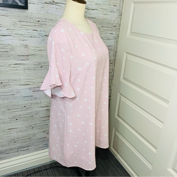 AVA Festival Pink White Polka Dots Crepe Mini Dress Ruffle Short Sleeves Sz M/L - Picture 6 of 10